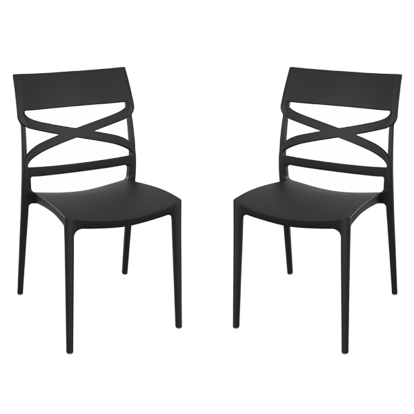 MIROK Schwarzer stapelbarer Stuhl aus Polypropylen für drinnen und draußen, 2er-Set