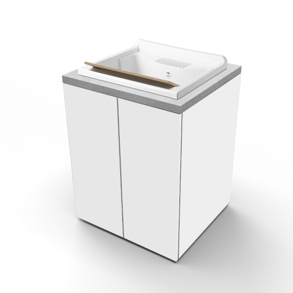White Wooden Laundry Sink with 2 Doors, Grey Top, and Resin Basin 71x65 cm
