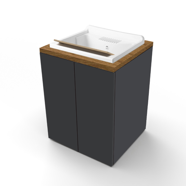 Lavabo de madera grafito con 2 puertas, top de nogal y lavabo de resina 71x65 cm
