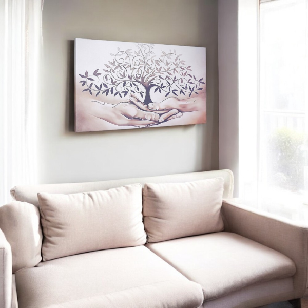 Quadro moderno in tela 65x125 cm tema Albero Della Vita con dettagli in argento