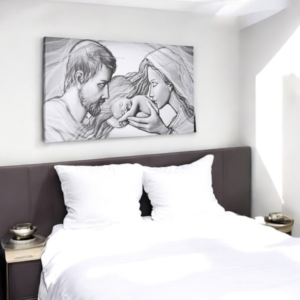 Quadro moderno in tela 65x125 cm tema Sacra Famiglia con dettagli in argento