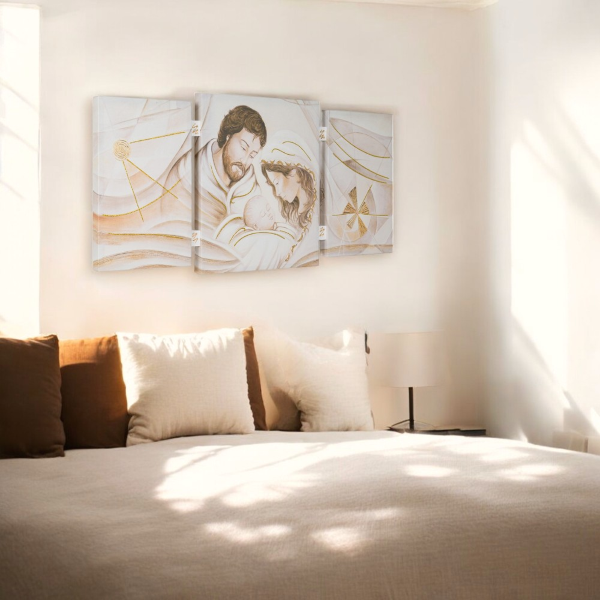 Tableau TRIS moderne sur toile 65x146 cm cadre bois thème Sainte Famille