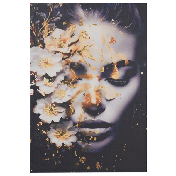 Peinture verticale moderne sur toile 60x90 cm avec portrait de femme aux fleurs