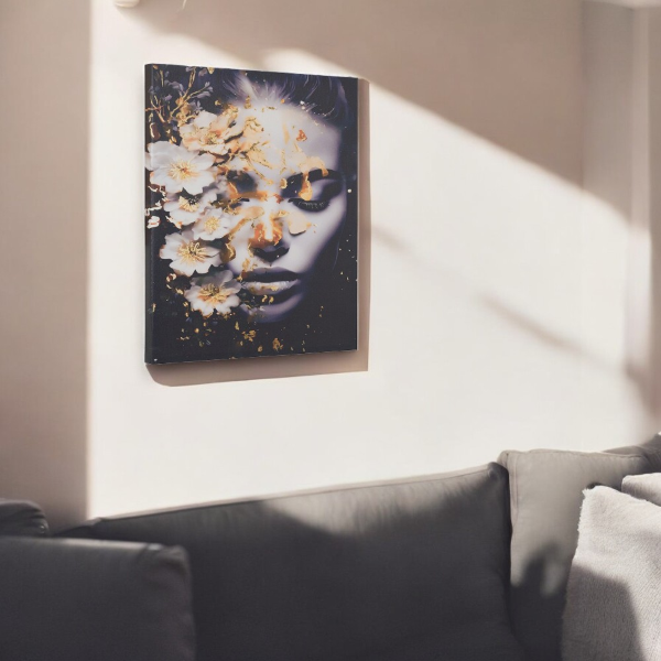 Peinture verticale moderne sur toile 60x90 cm avec portrait de femme aux fleurs