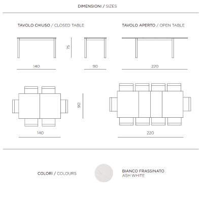 CAIO table extendable to 220 cm white ash