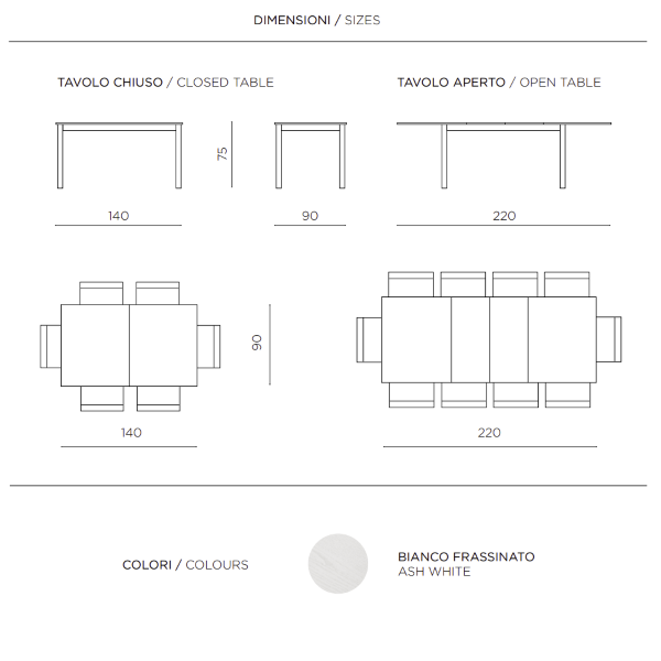 CAIO table extendable to 220 cm white ash