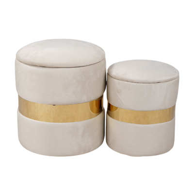 Pouf velluto beige con contenitore e fascia oro Set 2 – OTTAVIA 