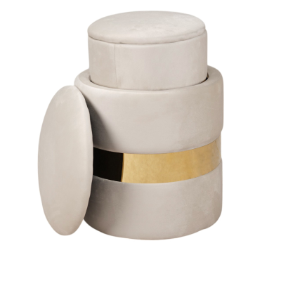 Pouf velluto beige con contenitore e fascia oro Set 2 – OTTAVIA 