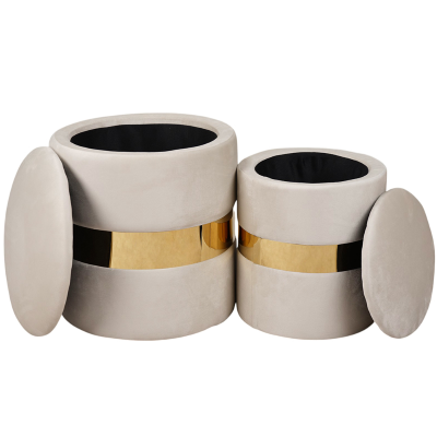 Pouf velluto beige con contenitore e fascia oro Set 2 – OTTAVIA 