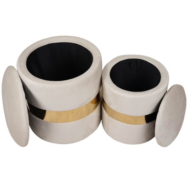Pouf velluto beige con contenitore e fascia oro Set 2 – OTTAVIA 