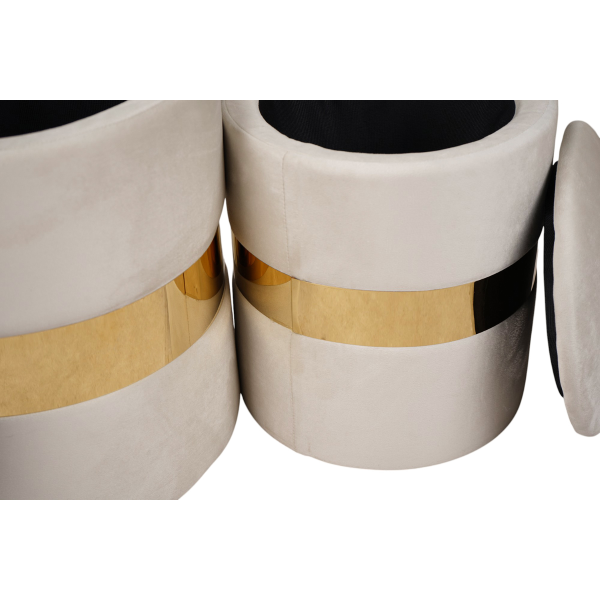 Pouf velluto beige con contenitore e fascia oro Set 2 – OTTAVIA 