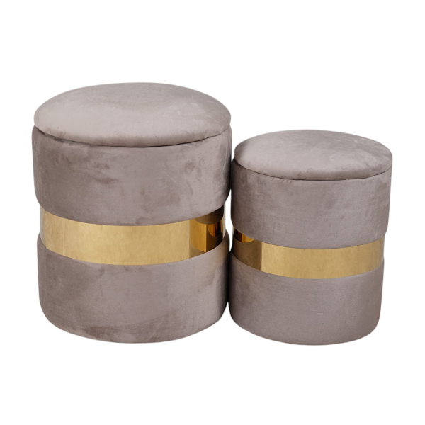 Set de 2 poufs en velours gris avec rangement et bande dorée – OTTAVIA
