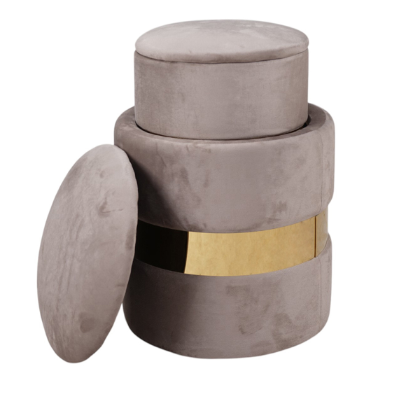 Set de 2 poufs en velours gris avec rangement et bande dorée – OTTAVIA
