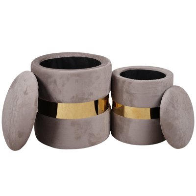 Set de 2 poufs en velours gris avec rangement et bande dorée – OTTAVIA
