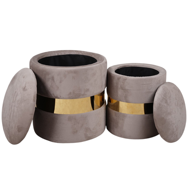 Set de 2 poufs en velours gris avec rangement et bande dorée – OTTAVIA
