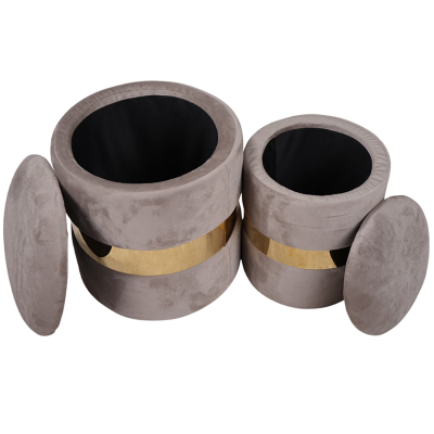 Set de 2 poufs en velours gris avec rangement et bande dorée – OTTAVIA

