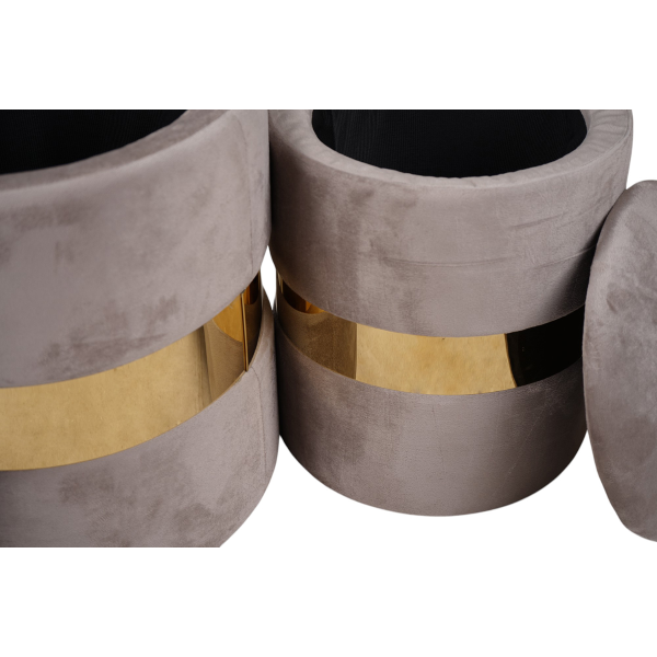 Set de 2 poufs en velours gris avec rangement et bande dorée – OTTAVIA
