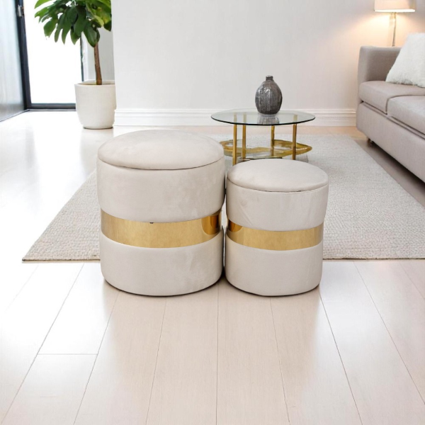 Pouf velluto beige con contenitore e fascia oro Set 2 – OTTAVIA 