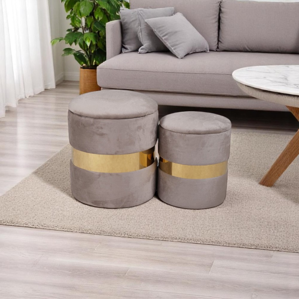 Set de 2 poufs en velours gris avec rangement et bande dorée – OTTAVIA
