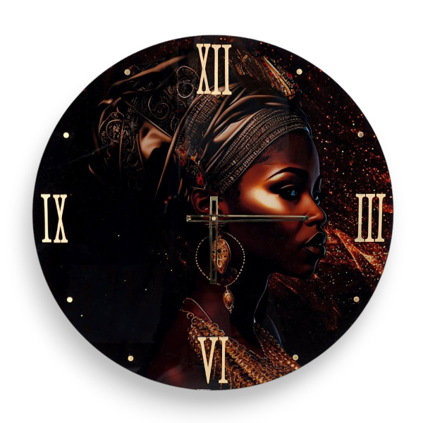 Horloge murale ronde D65 cm en verre trempé avec portrait afro
