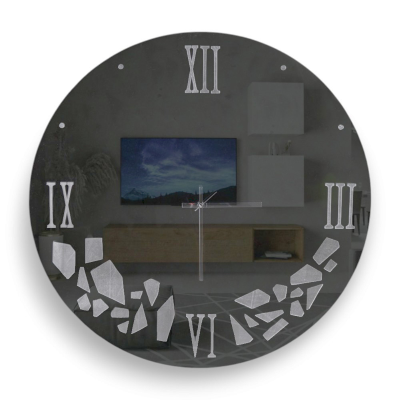 Wanduhr D65 cm rund aus rauchfarbenem Spiegelglas mit grauen Dekoren – HILDI
