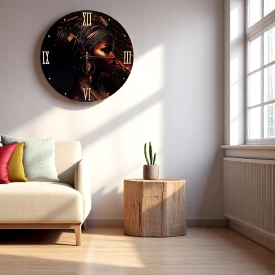 Horloge murale ronde D65 cm en verre trempé avec portrait afro

