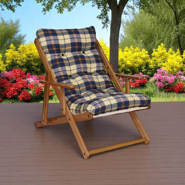 Poltrona in legno pieghevole 3 posizioni - cuscino tessuto Blu Quadri