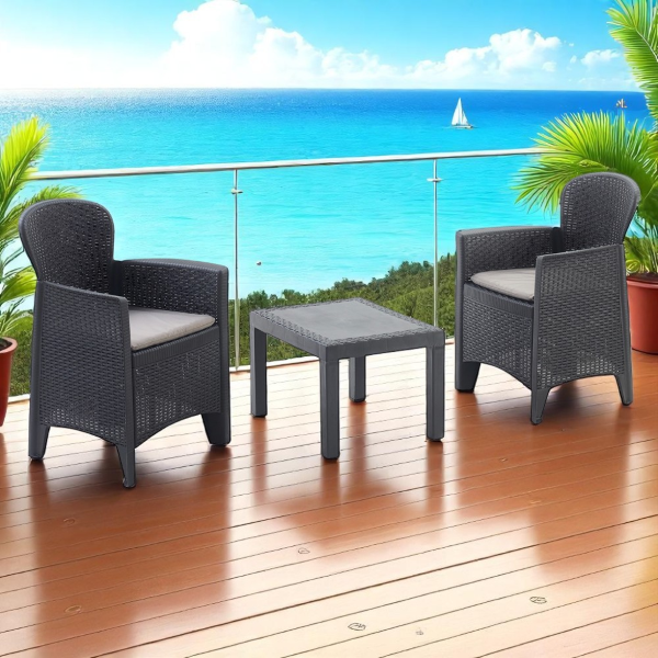 Salottino da giardino Antracite polipropilene BORIA 2 poltrone e 1 tavolino