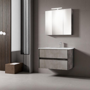 Mobile da bagno sospeso moderno con lavabo 81 cm a 2 cassettoni maniglie a gola, effetto cemento