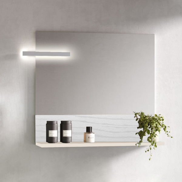 Mirror with LED lamp, 80 cm shelf in matt sand wood and ash white base
