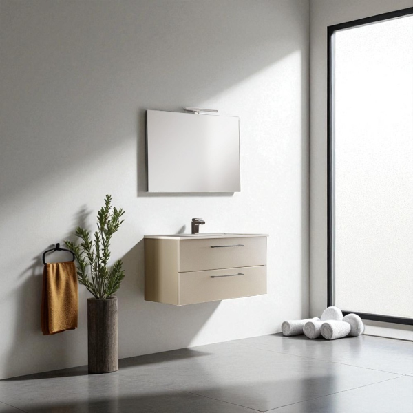 102 cm suspended bathroom cabinet with integrated sink and matt dove gray mirror - MAYA1