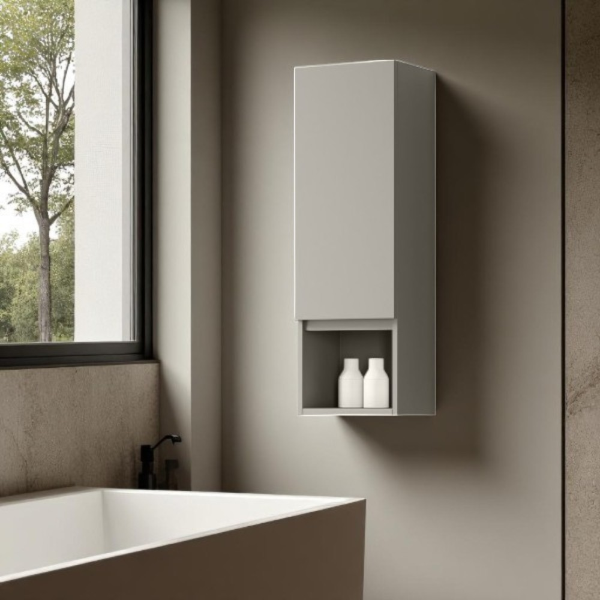 Suspended half-column with 1 right door and low H90 open compartment in matt clay