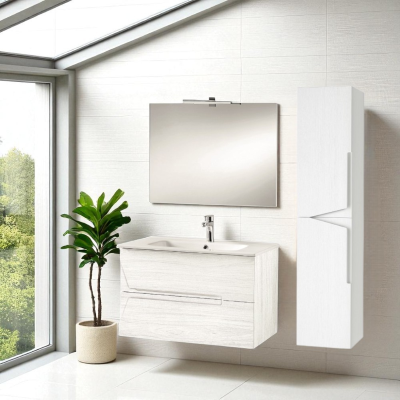 Mobile bagno sospeso HAITI 80 cm Larice Bianco specchio e lampada LED 