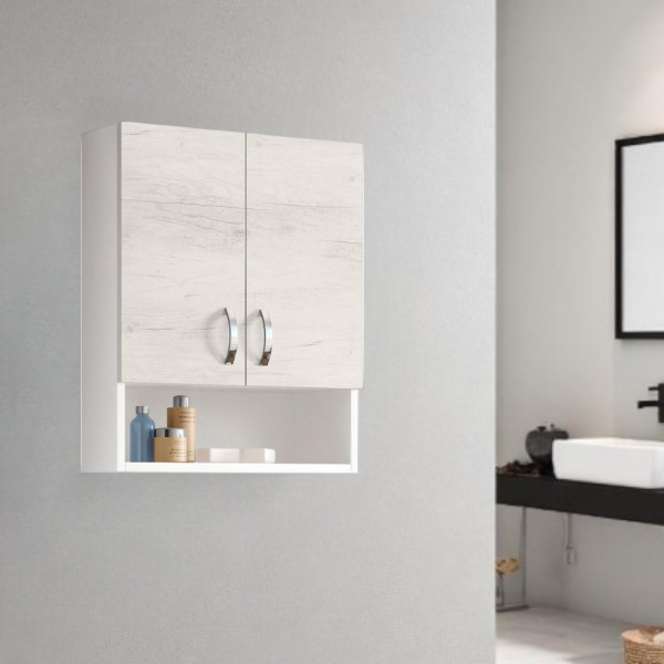 Suspended wall unit with open compartment and 2 doors 59x71 White Oak