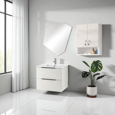 Suspended wall unit with open compartment and 2 doors 59x71 White Oak