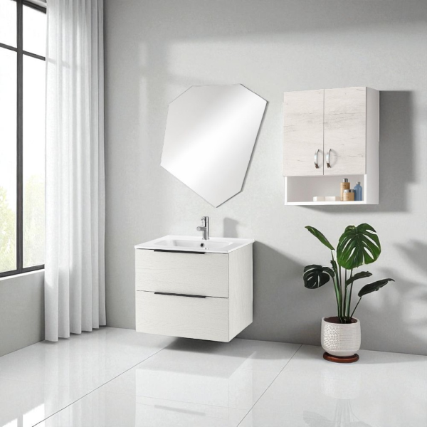 Suspended wall unit with open compartment and 2 doors 59x71 White Oak