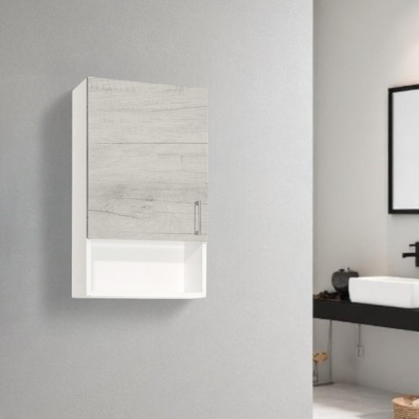 Suspended wall unit with open compartment and 43x71 White Oak door