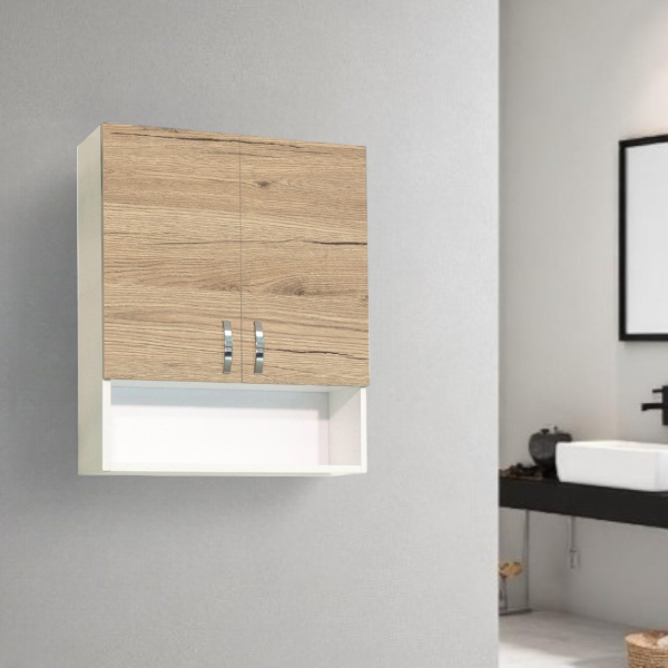 Suspended wall unit with open compartment and 2 doors 59x71 Natural Oak