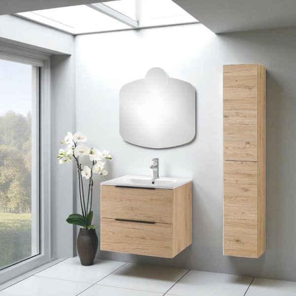 Suspended bathroom cabinet 60 cm with mirror and BALI Natural Oak LED wall light