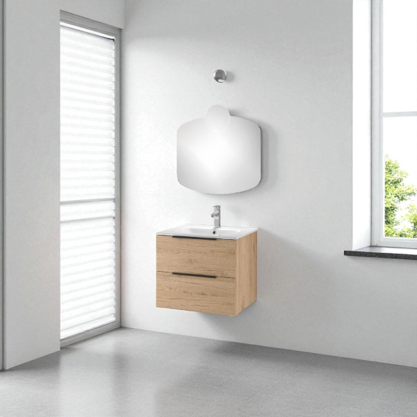 Suspended bathroom cabinet 60 cm with mirror and BALI Natural Oak LED wall light