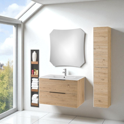 Suspended bathroom cabinet 80 cm and LED backlit mirror BALI Natural Oak