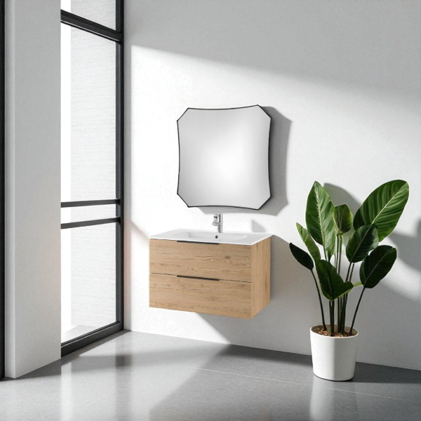 Suspended bathroom cabinet 80 cm and LED backlit mirror BALI Natural Oak