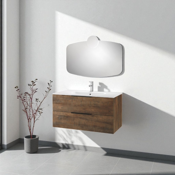 Suspended bathroom cabinet 100 cm BALI tobacco and mirror with LED applique