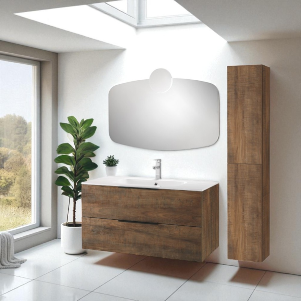 Suspended bathroom cabinet 100 cm BALI tobacco and mirror with LED applique