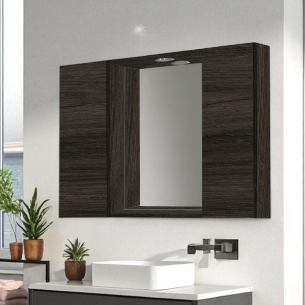 2-door wooden bathroom mirror 81 cm with coffee elm LED spotlight