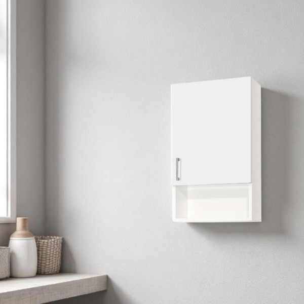 Suspended wall unit with open compartment and door 43x71 White