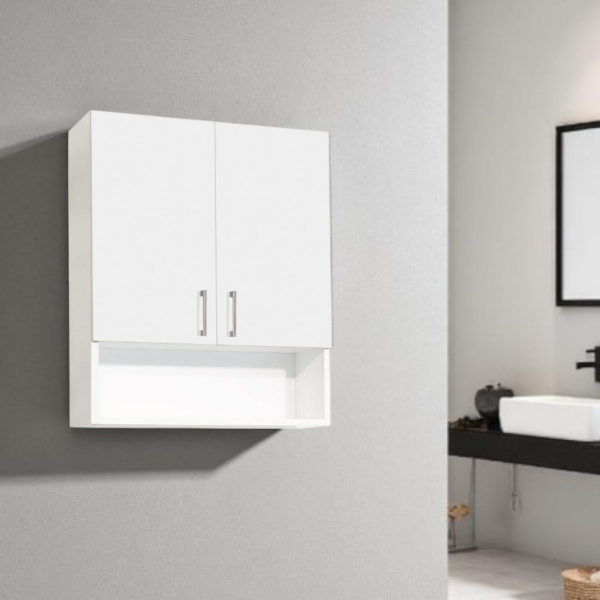 Suspended wall unit with open compartment and 2 doors 59x71 White