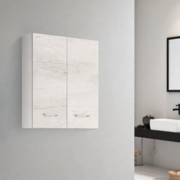 Double suspended wall unit Oak White with chrome handles 60x22xh71 cm