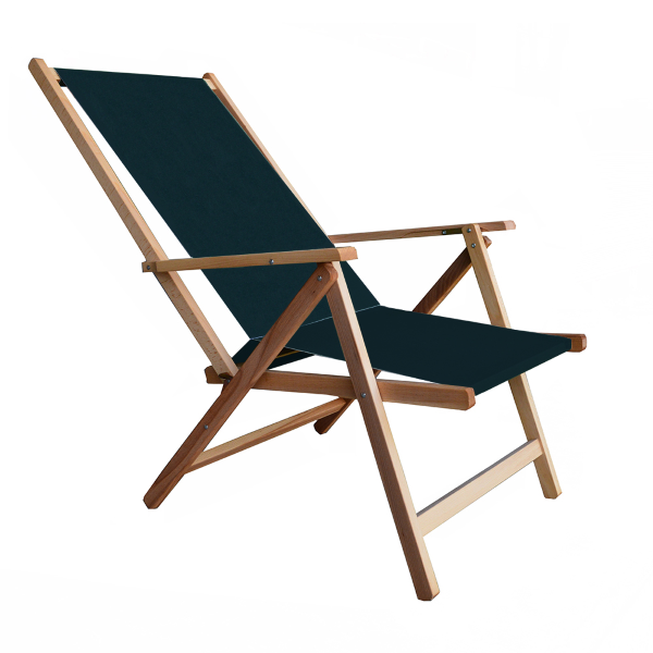 Folding beach chair in wood and plain BLUE canvas