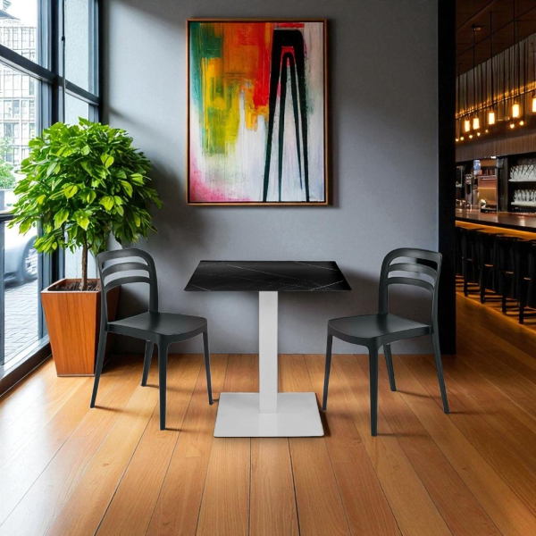 Tavolo pub ristorante bar 70x70 cm Top esterno HPL effetto Marmo NERO gamba bianco H 74